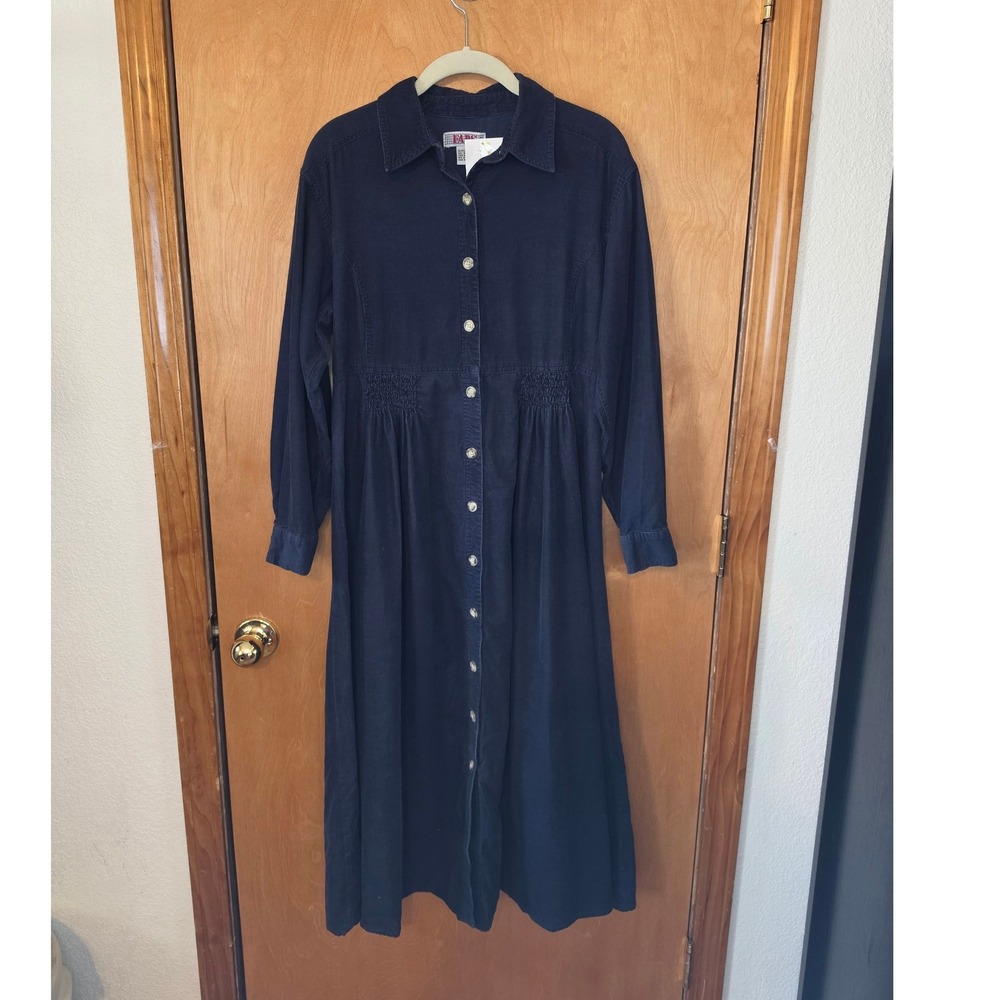 Vintage FADS Navy Blue Corduroy Smocked Waist Midi Dress Dark Academia Size 10